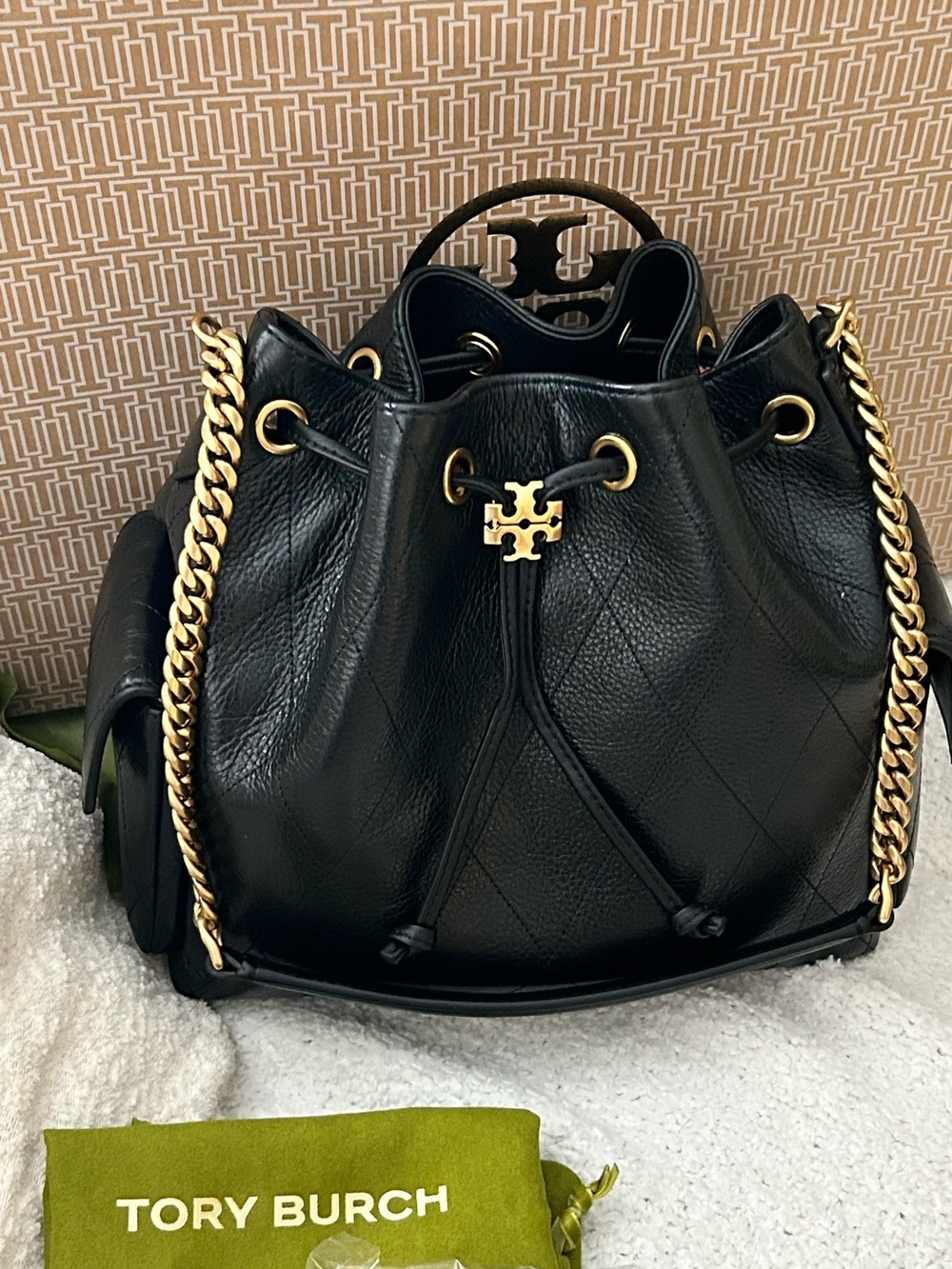 Tory Burch Black Leather Drawstring Bucket Bag with Gold Chain Trim